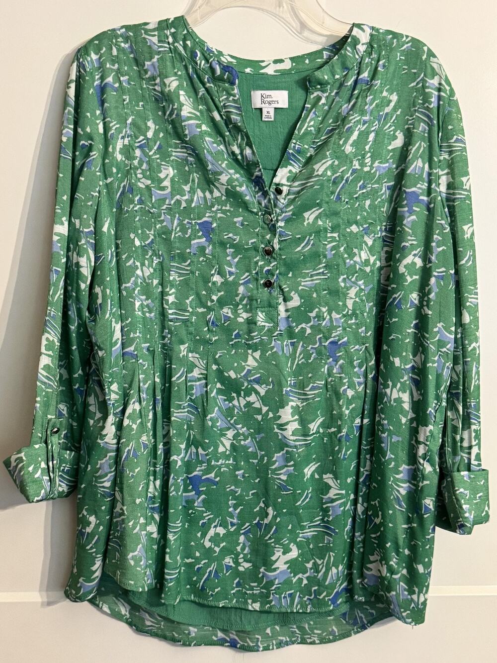 Kim Rogers Tunic Blouse Sz XL Green Abstract Henley Roll Tab 3/4 Sleeve Summer